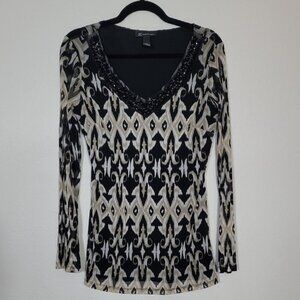 Y2K INC Sheer Mesh Long Sleeve Top Size M Black Nylon Whimsigoth Sequin VNeck